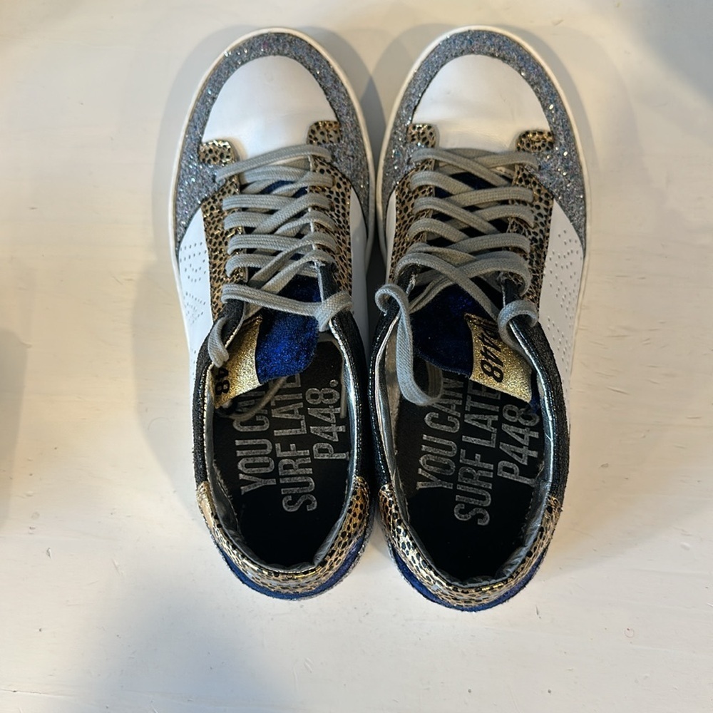 P448 John Sneakers Blue White Gold Leopard 40 - Picture 4 of 8
